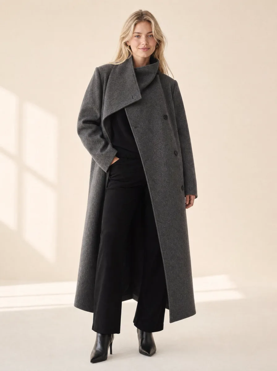 Oversized Funnel-Neck Melton Coat