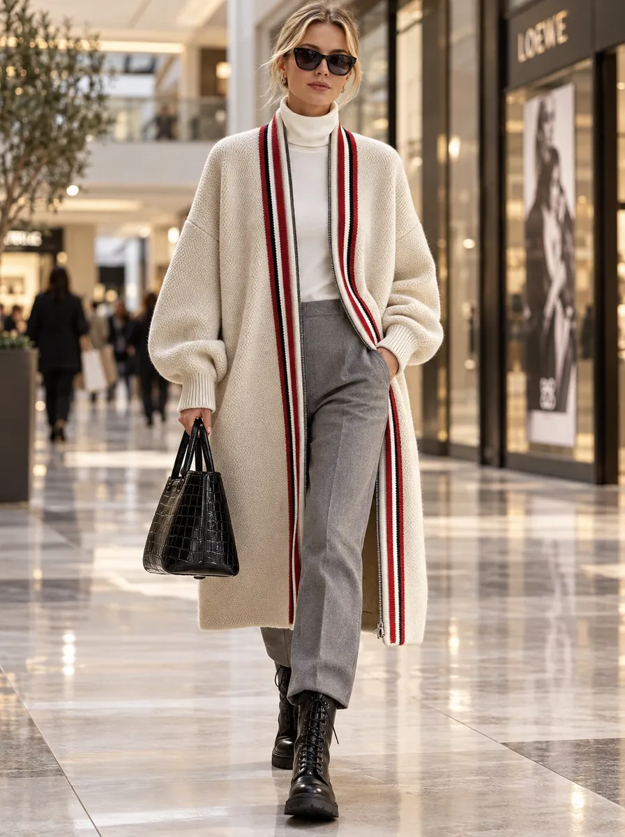 Longline Knit Cardigan with Contrast Binding