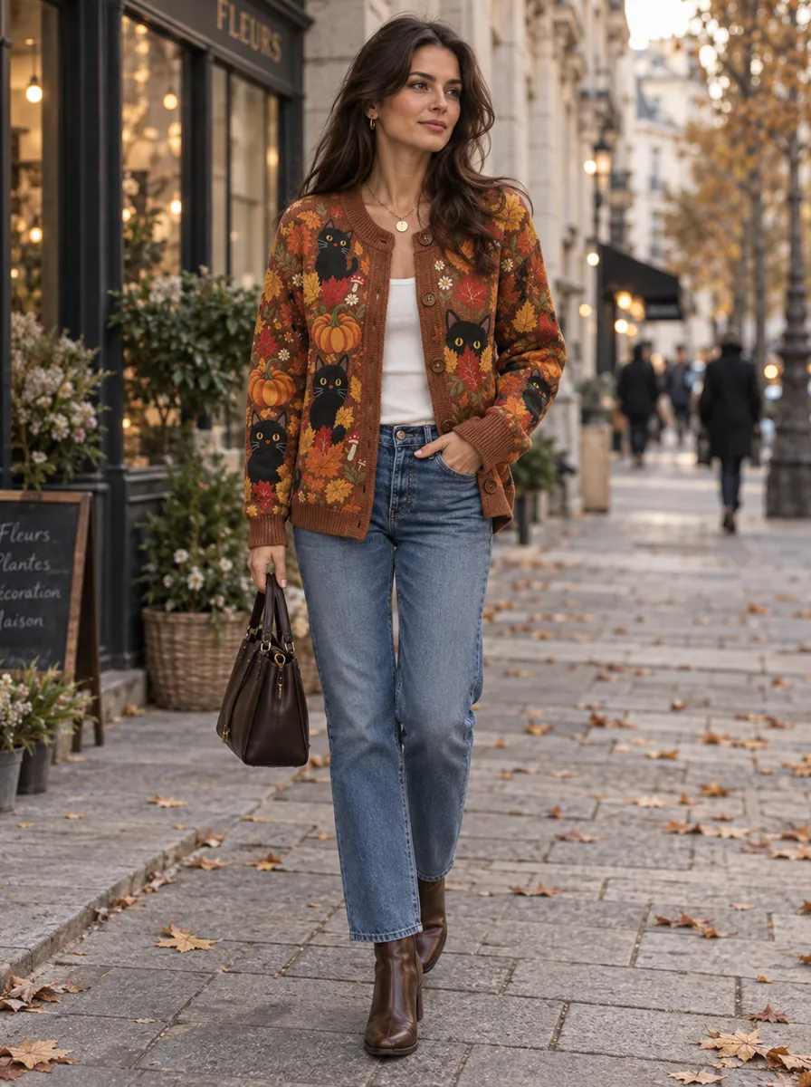 Pumpkin and Cat Jacquard Knit Cardigan
