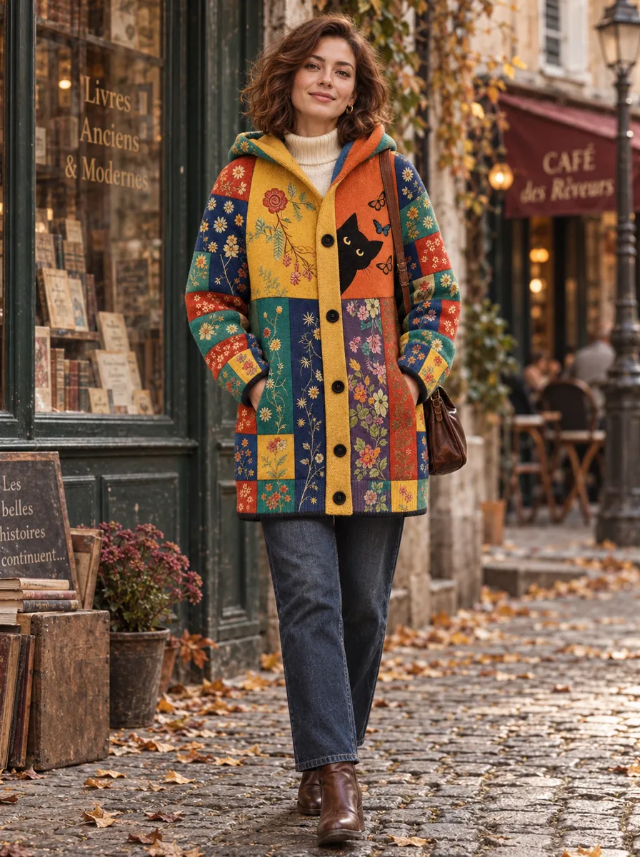 Hooded Patchwork Coat with Cat and Floral Print