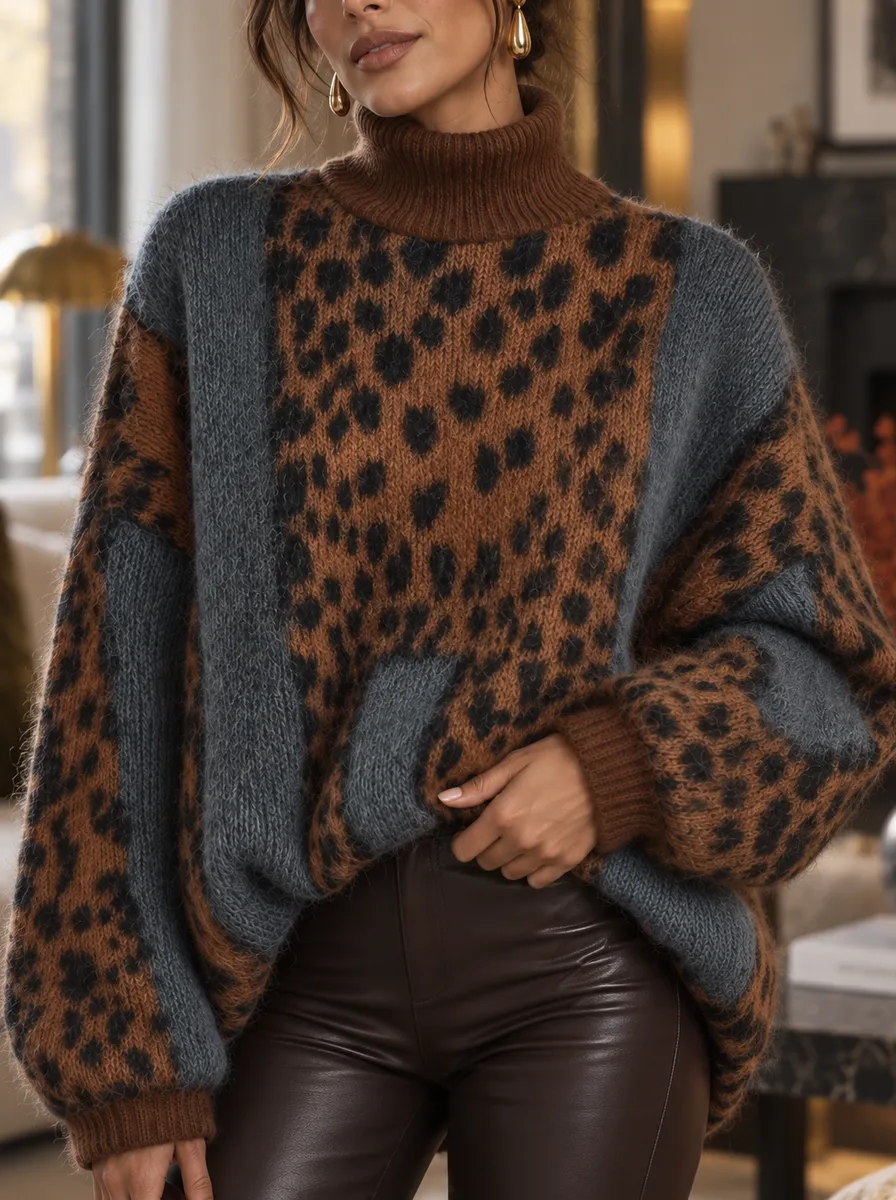 Colour-Block Leopard Roll-Neck Jumper