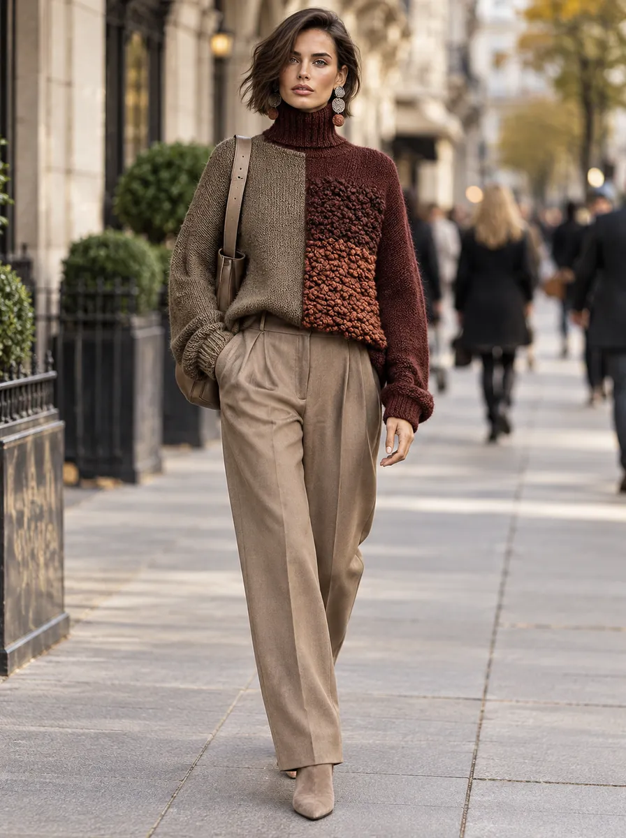 Chunky Colour-Block Roll-Neck Jumper
