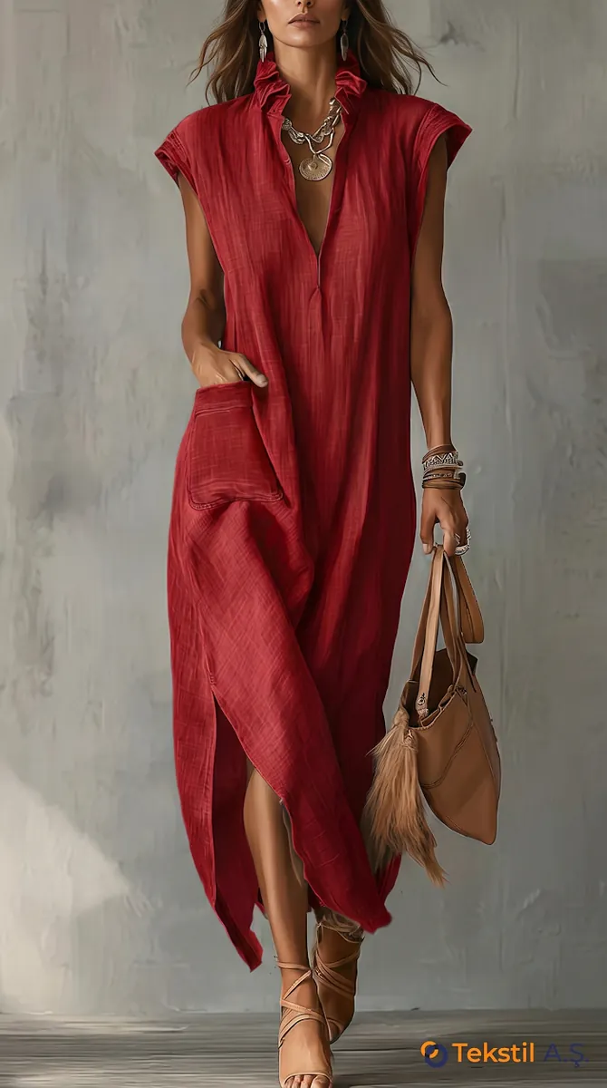 Ruffle Neck Cotton Linen Midi Dress