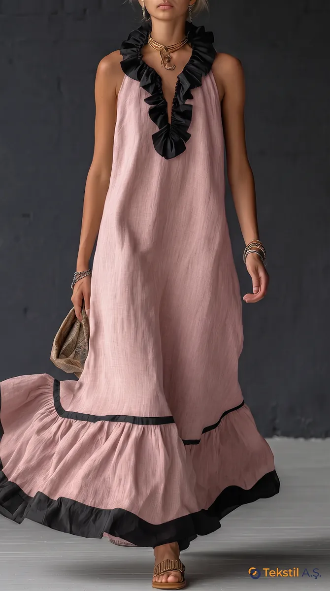 Ruffled Colour-Block Cotton Linen Maxi Dress