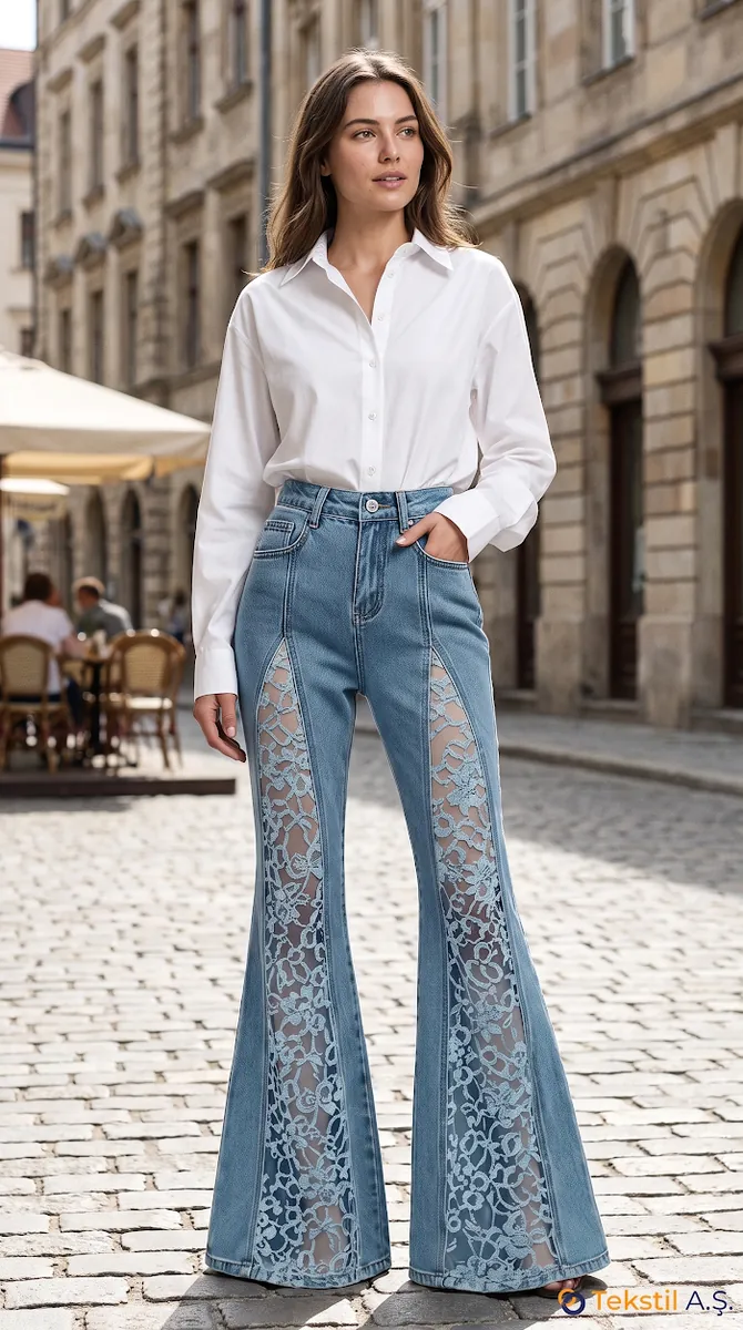 Flared Denim Trousers with Lace Panels