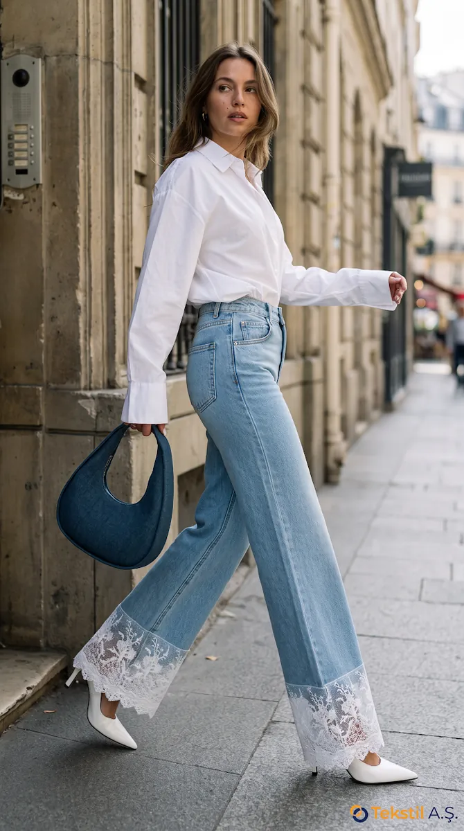 Denim Trousers with Lace Panels